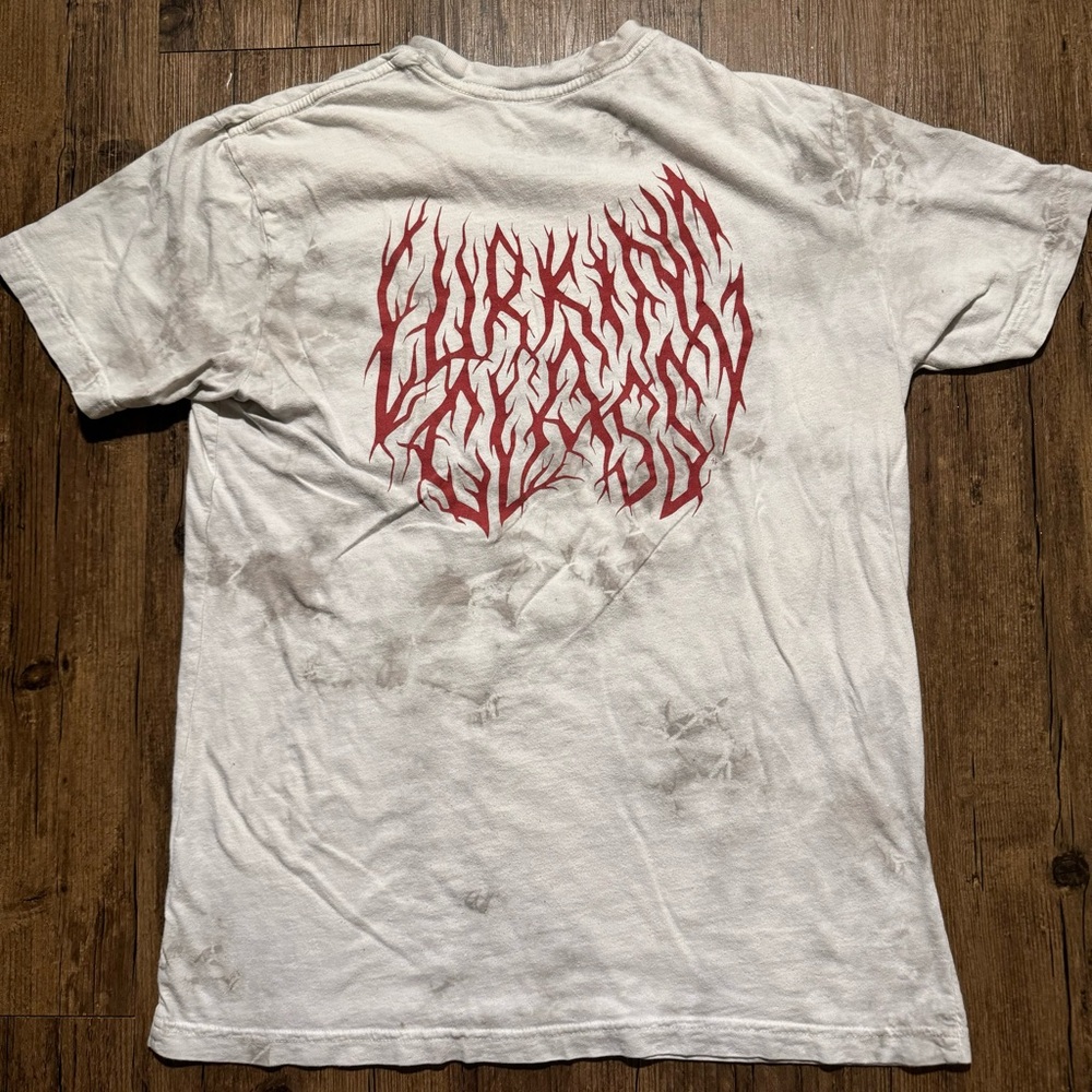 Lurking class zumiez white tee shirt with red gothic font accents and pocket
